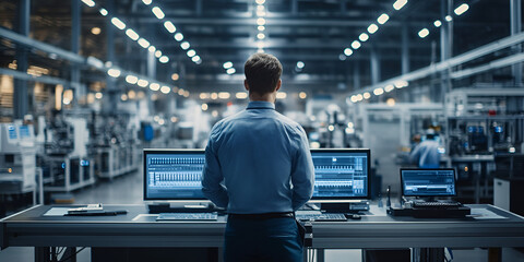 Man Working on Computer in Factory Setting at Workstation with Multiple Monitors