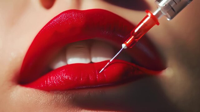 Cropped sensual female lips, procedure lip augmentation. Syringe near woman mouth, injections for increase lips shape	