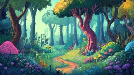 Whimsical cartoon forest, rich in colors and animated elements, perfect for a playful backdrop.