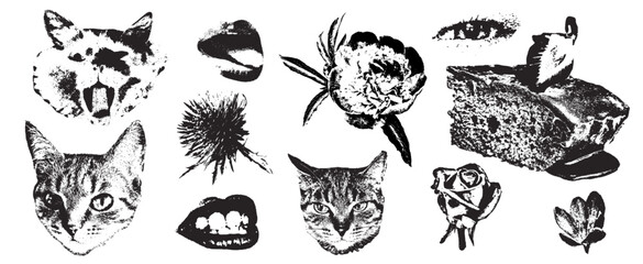 Retro punk elements with photocopy stipple effect for collage art. Vector illustration of cat, chocolate cake, flowers, rose, lips or mouth, hands, eyes in halftone dotwork design for banner or poster