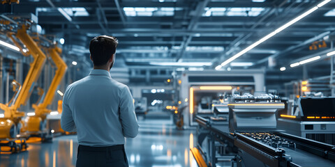 Man in Suit Looking at Factory Floor with Machinery in High-Tech Industrial Setting