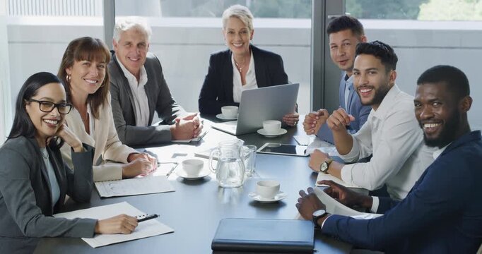 Business people, face and meeting for happy group planning, financial update and CEO management. Portrait of corporate employees, senior boss or executive and laptop for online agenda and about us
