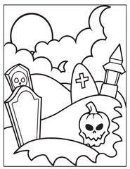 Halloween Graveyard coloring page design, Halloween Vector design, Halloween Black and white design.