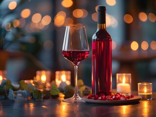 Elegant Red Wine Bottle and Glass on Dark Candlelit Table Sophisticated Wine Concept