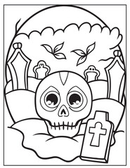Halloween Graveyard coloring page design, Halloween Vector design, Halloween Black and white design.