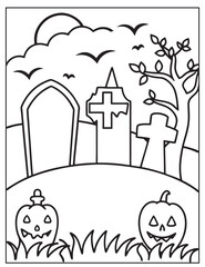 Halloween Graveyard coloring page design, Halloween Vector design, Halloween Black and white design.