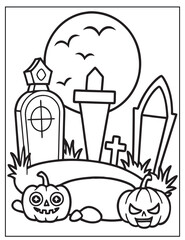 Halloween Graveyard coloring page design, Halloween Vector design, Halloween Black and white design.