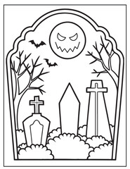 Halloween Graveyard coloring page design, Halloween Vector design, Halloween Black and white design.