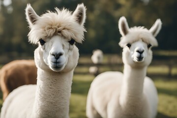 Obraz premium white alpaca portrait animal llama fur mammal closeup nature wool hair domestic looking head face pet outdoors wildlife fleece farm agriculture1 fluffy rural softness eye mouth curly horizontal neck