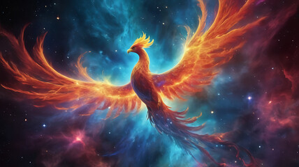 Obraz premium Vibrant cosmic nebula resembling a phoenix rising, fiery and majestic, with copy space