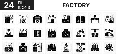 Collection of 24 factor fill icons featuring editable strokes. These outline icons depict various modes of factory, industry, plant, manufacture, production, icon set, line, construction, engineering,