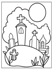 Halloween Graveyard coloring page design, Halloween Vector design, Halloween Black and white design.