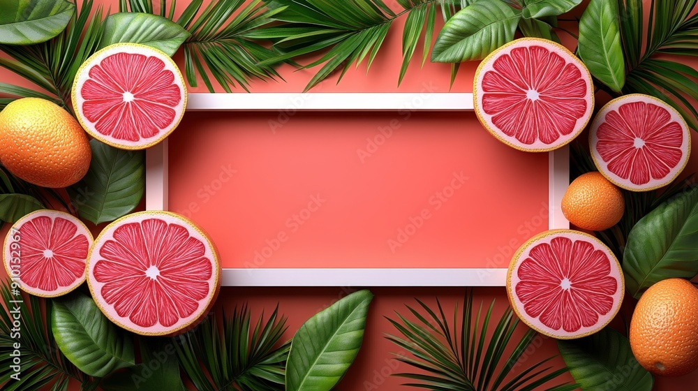 Poster tropical fruits including grapefruit and oranges are arranged with lush green leaves around a blank 