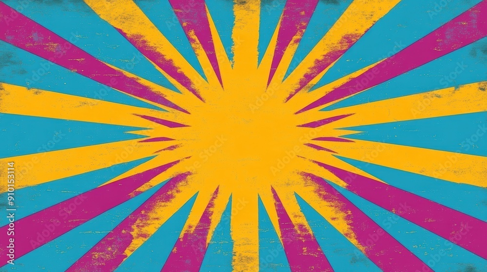 Sticker A striking sunburst pattern features bright yellow rays radiating outward against a bold blue and pink backdrop