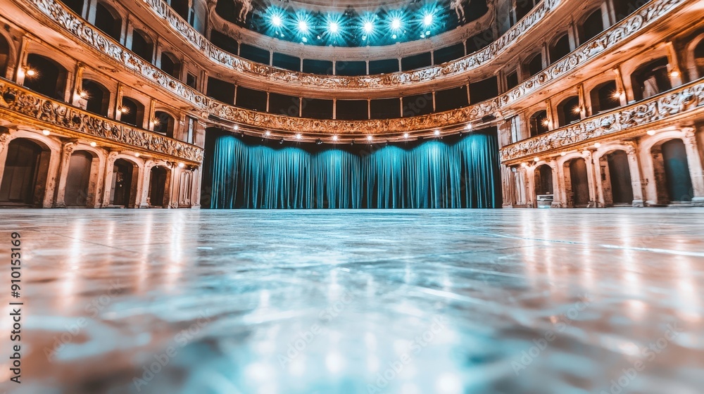 Aufkleber The spacious theater features opulent architecture and glowing lights, creating an inviting ambiance before a show begins