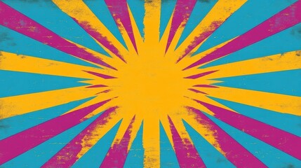 A striking sunburst pattern features bright yellow rays radiating outward against a bold blue and pink backdrop