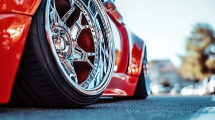 A custom chrome wheel glistens in the sunlight, showcasing its intricate design while resting on a lowered sports car parked in an urban area.