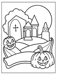 Halloween Graveyard coloring page design, Halloween Vector design, Halloween Black and white design.