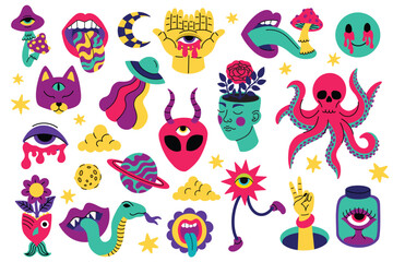 Set of psychedelic elements.Large collection of trendy bright elements,psychedelic mushrooms,head,eyes,lips.Cartoon vector illustration