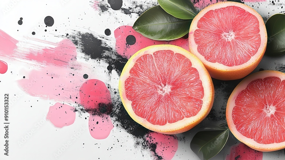 Poster Slices of grapefruit are displayed with colorful paint splatters and green leaves, creating a lively composition that highlights the fruit's texture and color