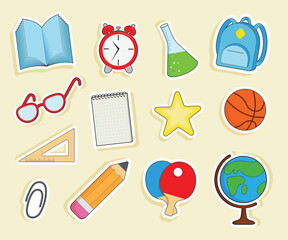 Stickers on a yellow background. Basketball, glasses, ruler, pencil, paper clip, globe, ping pong, star, notebook, flask.