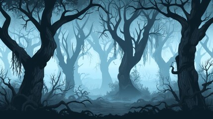Illustration of a spooky forest with gnarled trees and a mysterious
