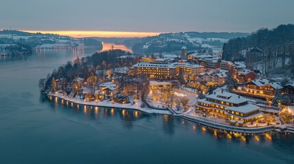 The lakeside village glows softly at twilight, with snow-covered rooftops and warm lights reflecting on the calm water