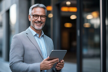 Mature businessman in glasses and grey blazer smiling while holding a tablet, standing outside an office building