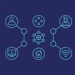 Interconnection icons for communication, business, technology, cooperation, conferences, meetings, success, teamwork, group, management, businessman, and offices. Iot, big data
