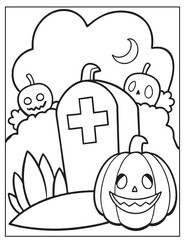 Halloween graveyard coloring page design, Halloween vector design, Halloween  black and white design, 