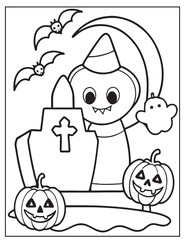 Halloween graveyard coloring page design, Halloween vector design, Halloween  black and white design, 