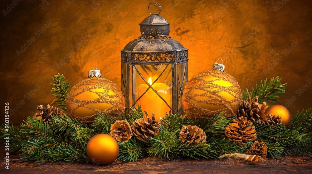 Poster a warm lantern casts a glow over golden ornaments and pinecones arranged with fresh pine branches, c