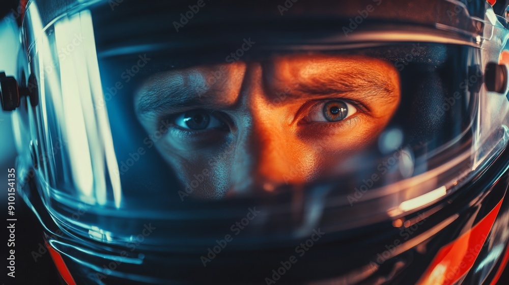 Poster a determined race car driver intensely focuses while wearing a helmet just before beginning the race