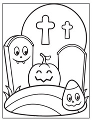 Halloween graveyard coloring page design, Halloween vector design, Halloween  black and white design, 