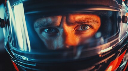 A determined race car driver intensely focuses while wearing a helmet just before beginning the race.