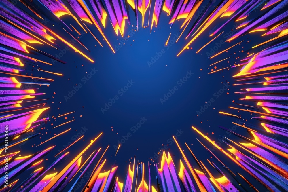 Poster bright colors burst outward from the center, creating a striking visual effect against a deep blue b