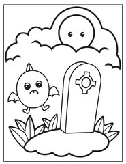 Halloween graveyard coloring page design, Halloween vector design, Halloween  black and white design, 