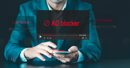 Blocked pop up ads on screen concept, Adblock of media content, notification online video block of...