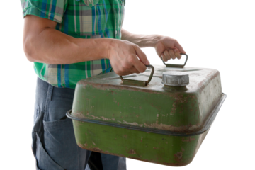 scene of man holding canister gasoline, man holding khaki metal canister 40 liter, cut out, isolated