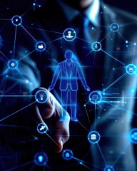 Businessman interacting with digital interface, network connections, concept of technology and communication.