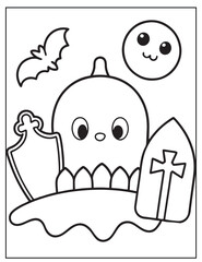 Halloween graveyard coloring page design, Halloween vector design, Halloween  black and white design, 