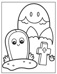 Halloween graveyard coloring page design, Halloween vector design, Halloween  black and white design, 
