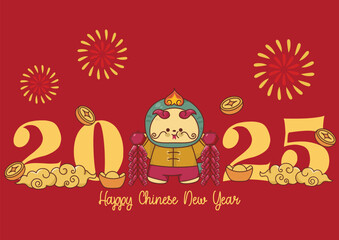 Chinese New Year 2025, the year of the snake, red and gold line art characters, simple hand-drawn Asian elements with craft (Chinese translation: Happy Chinese New Year 2025, year of the snake)