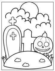 Halloween graveyard coloring page design, Halloween vector design, Halloween  black and white design, 