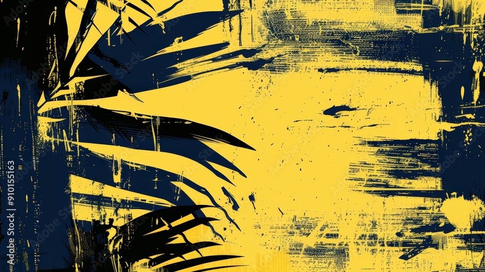 Leinwandbilder Bold yellow background features striking dark leaf patterns, creating an eye-catching abstract composition with a modern artistic touch