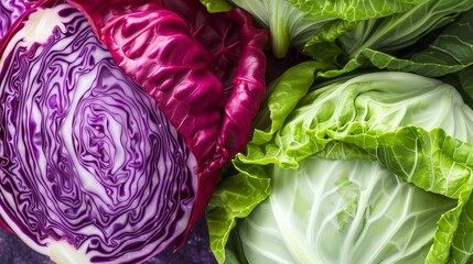 Obraz premium Red and green cabbage halves, intricate patterns
