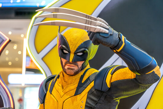 Bangkok, Thailand - August 03, 2024: Life-size model of Wolverine, the iconic antihero from Marvel Comics of a movie called Deadpool Wolverine display at the cinema to promote the movie