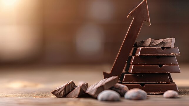 Stacks of chocolate bars with an ascending arrow overlay, cocoa price increase,