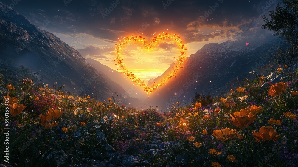 Canvas Prints A breathtaking sunset illuminates a mountain valley adorned with vibrant flowers, forming a glowing heart shape in the sky