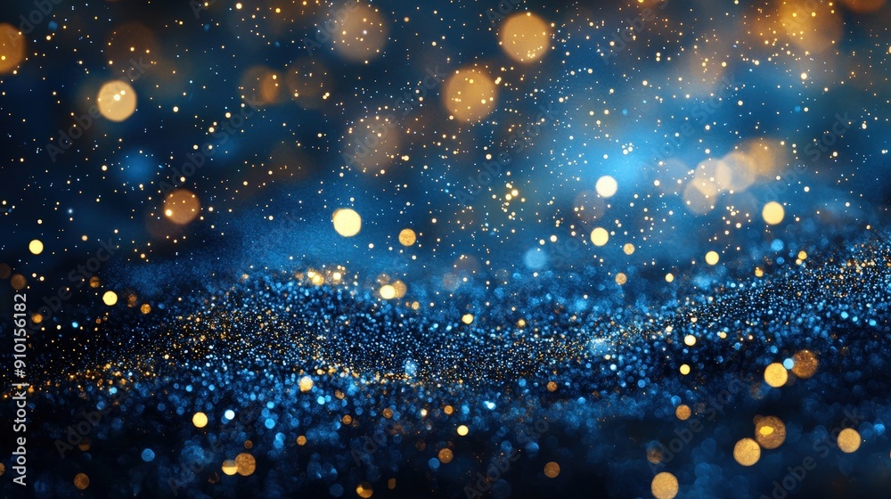 Poster golden and blue particles sparkle and swirl through the air, creating a magical atmosphere during an